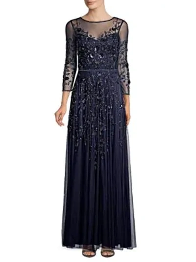 Theia Embellished Tulle Gown In Navy