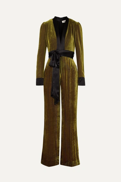 Diane Von Furstenberg Satin-trimmed Striped Devoré-velvet Jumpsuit In Golden Rod