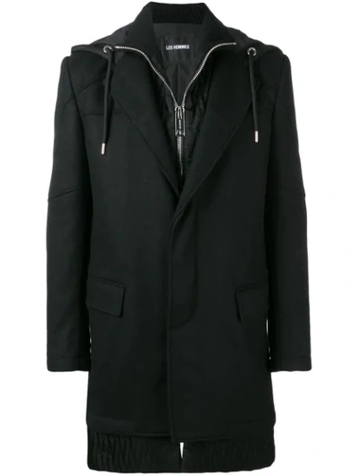 Les Hommes Hooded Layered Coat In Black