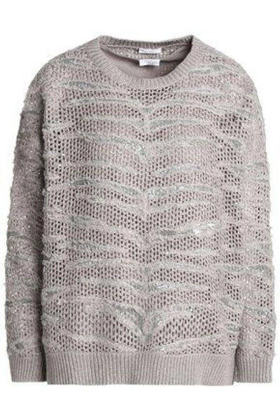 Brunello Cucinelli Embellished Open-knit Cashmere Sweater In Taupe