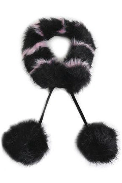 Charlotte Simone Woman Pompom-embellished Striped Faux Fur Collar Black