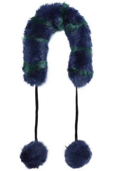 Charlotte Simone Woman Pompom-embellished Striped Faux Fur Collar Navy