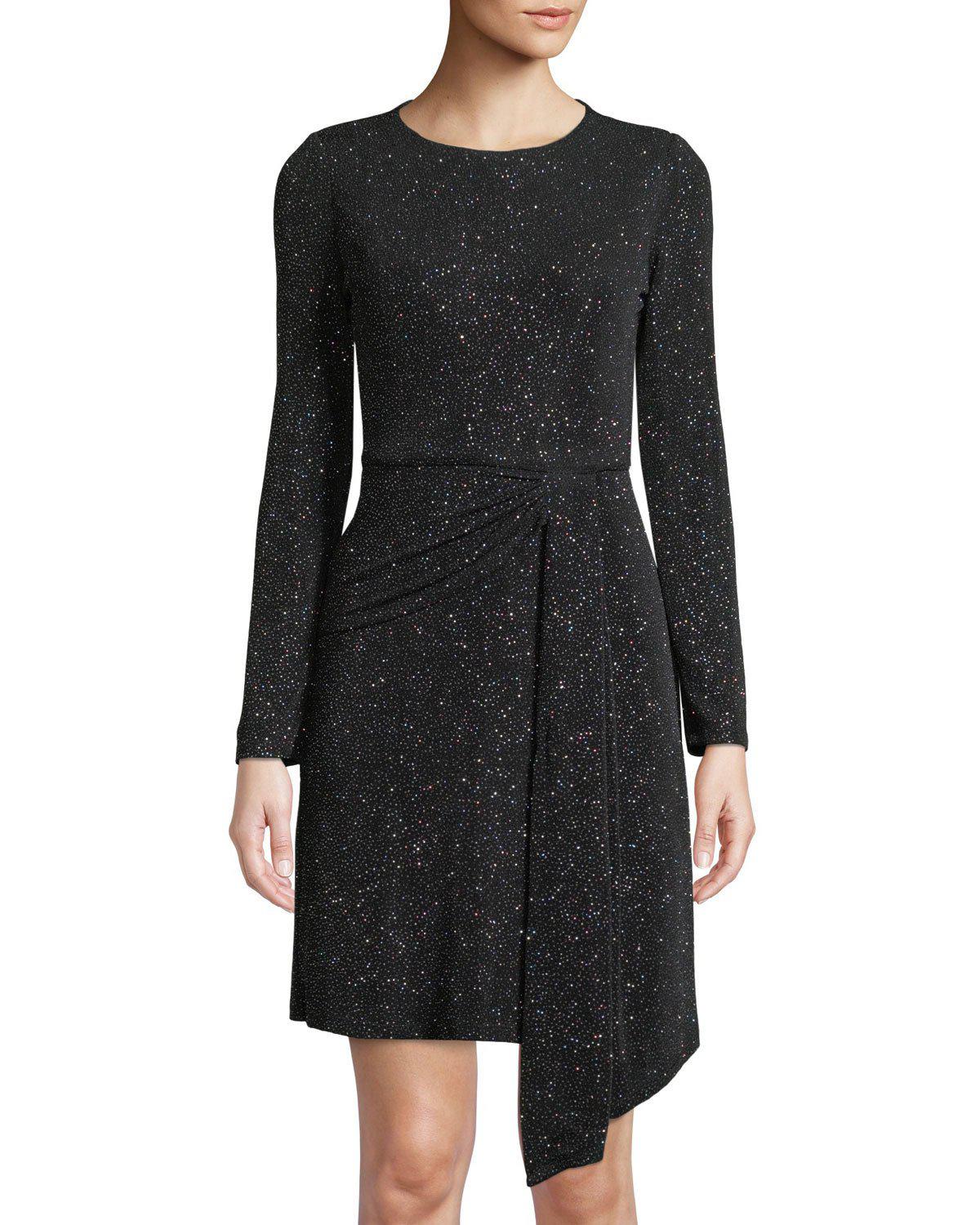 London Times Long Sleeve Shimmer Drape Skirt Dress In Black