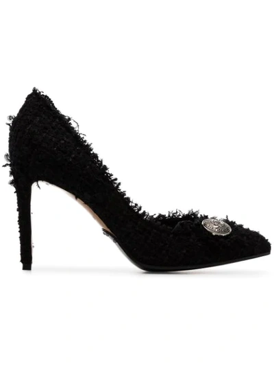 Balmain Black Julie 95 Badge Embellished Tweed Leather Pumps