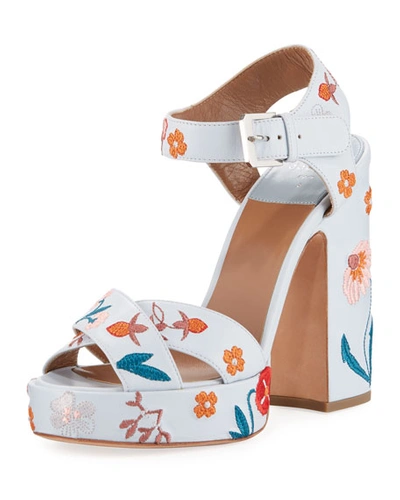 Laurence Dacade Rosange 120mm Embroidered Sandals With Chunky Heel In Sky Blue