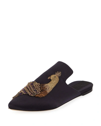Sanayi313 Pavone Flat Embroidered Mules In Blue/gold