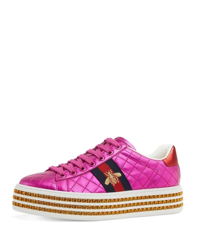 Gucci Quilted Platform Sneakers With Crystals In Pink Metallic