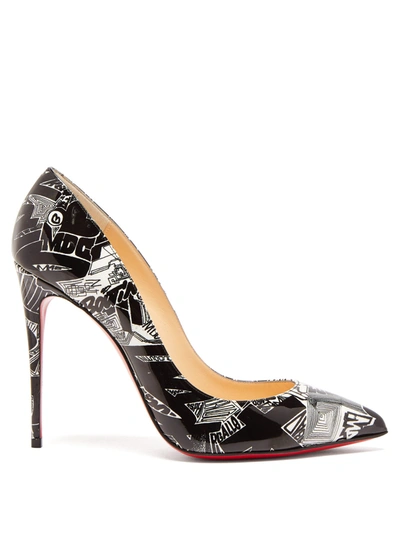 Christian Louboutin Pigalle Follies Nicograf 100 Printed Patent-leather Pumps In Black/white