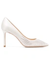Jimmy Choo Romy 85 Ivory Satin Pointy Toe Pumps With Shooting Crystals In White