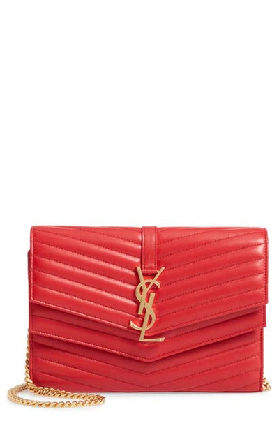 Saint Laurent Sulpice Double Flap Crossbody Wallet On A Chain In Bandana Red