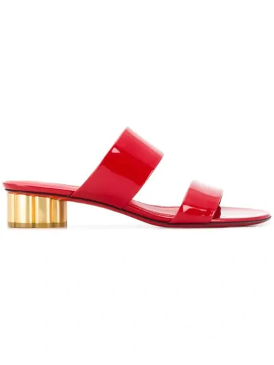 Ferragamo Belluno Two-band Patent Slide Sandals With Flower Heel, Red
