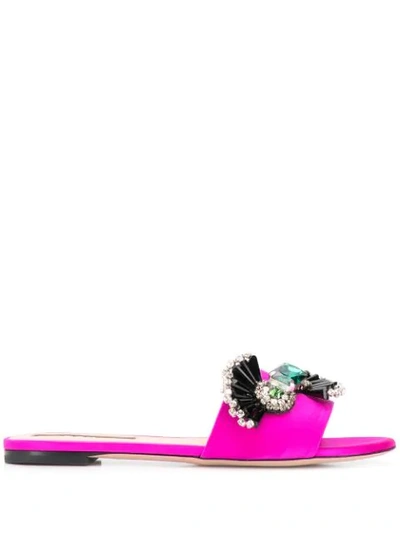 Rochas Embellished Satin Flat Sandals In Pink