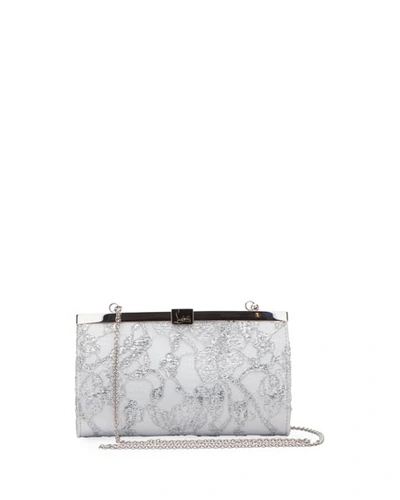 Christian Louboutin Palmette Small Metallic Dentelle Lace Clutch Bag In Silver