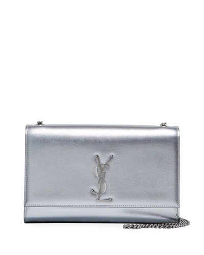 Saint Laurent Kate Medium Ysl Monogram Chain Metallic Leather Crossbody Bag In Silver