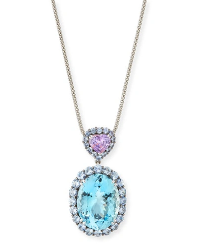 Alexander Laut Platinum Aquamarine & Sapphire Heart Pendant Necklace