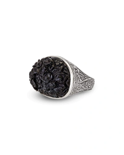 Stephen Dweck Carved Floral Black Agate Ring