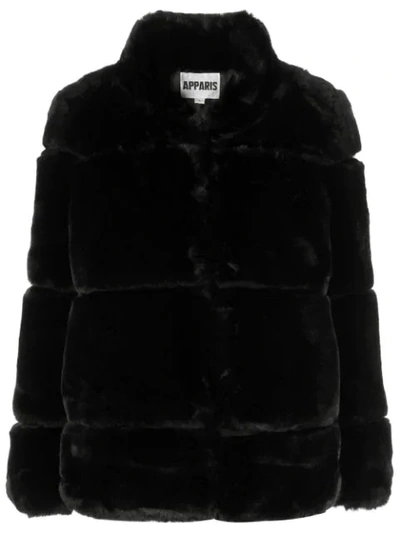 Apparis Skylar Faux Fur Tiered Short Coat In Black