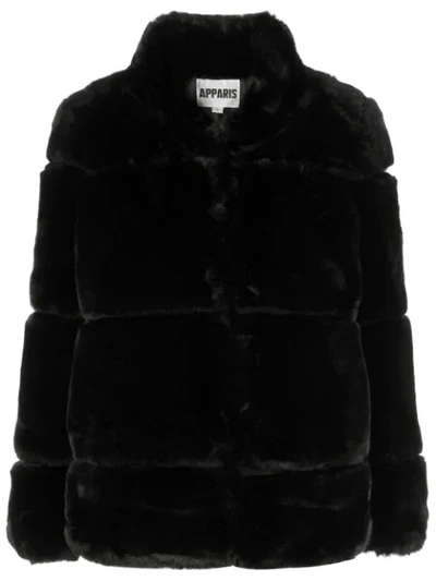 Apparis Skylar Faux Fur Tiered Short Coat In Noir
