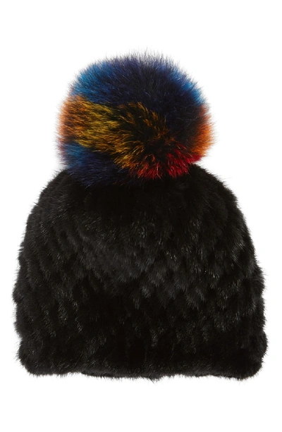 Jocelyn The Supermoon Genuine Mink Fur Hat With Genuine Fox Fur Pom - Black In Black With Bright Multi Pom