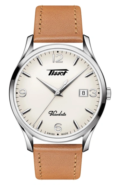 Tissot Heritage Visodate Leather Strap Watch, 40mm In Brown/ White/ Silver