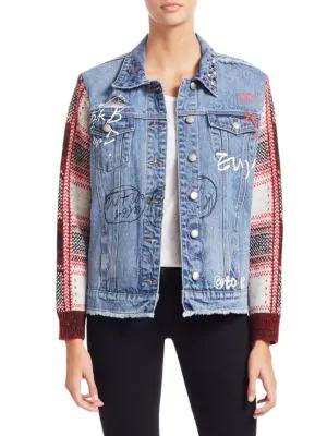 contrast knit sleeve denim jacket