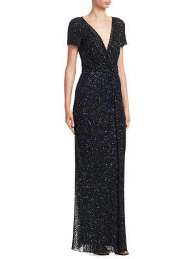 Jenny Packham Sequined Cap Sleeve Gown In Black