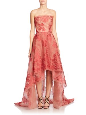 Monique Lhuillier Strapless Lace Hi-lo Gown In Scarlet Red | ModeSens