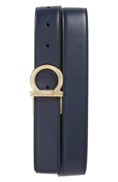 Ferragamo Reversible Gancio Buckle Leather Belt In Blue Marine/ Nero