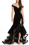 Mac Duggal Off-the-shoulder Velvet Gown W/ Layered Ruffle Mesh Skirt In Black