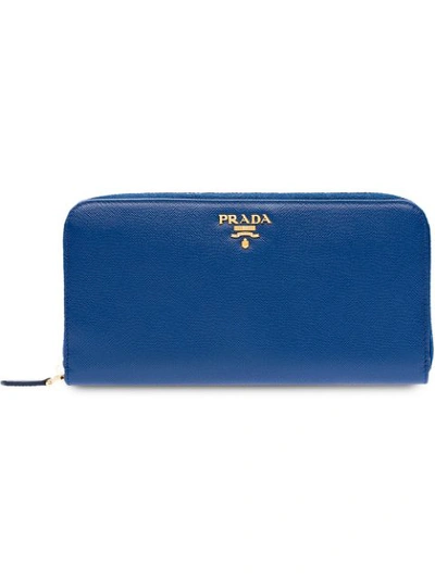 Prada Logo-plaque Zip-around Wallet In Blue