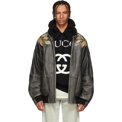 Gucci Black Leather Applique Bomber Jacket In 2130 Brown