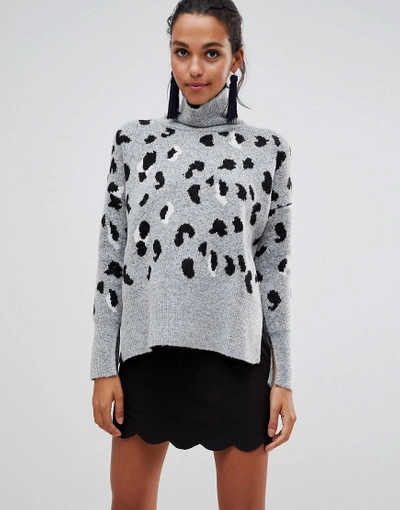 Liquorish High Neck Leopard Sweater With Zip In The Back - Gray