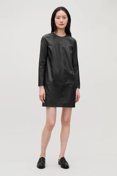 Cos Long-sleeved Leather Dress In Black