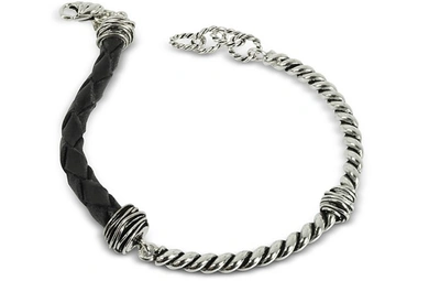 Giacomo Burroni Designer Men's Bracelets Silver Bracelet W/leather Braid In Argent