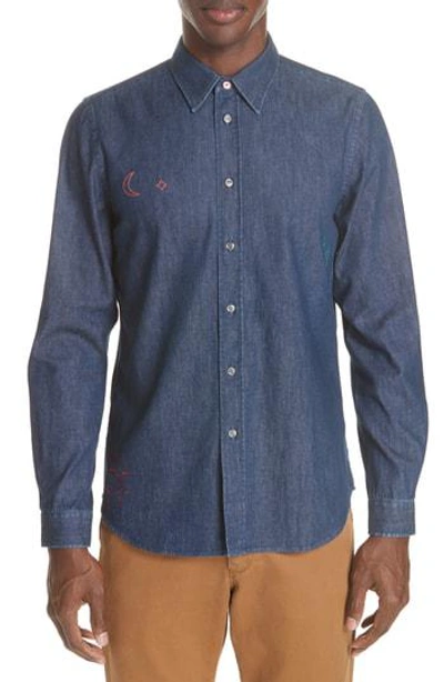 Ps By Paul Smith Denim Shirt With Embroidery In Ant Blue