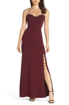 Wayf The Mia Lace Trim Front Slit Gown In Cabernet