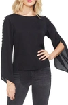 Vince Camuto Button Bell Sleeve Hammer Satin Top In Rich Black