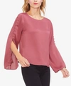 Vince Camuto Button Bell Sleeve Hammer Satin Top In Berry Creme