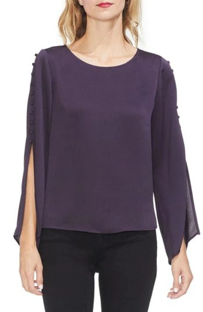 Vince Camuto Button Bell Sleeve Hammer Satin Top In Gilded Plum