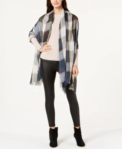 Steve Madden Check Made Plaid Travel Scarf & Wrap In Navy