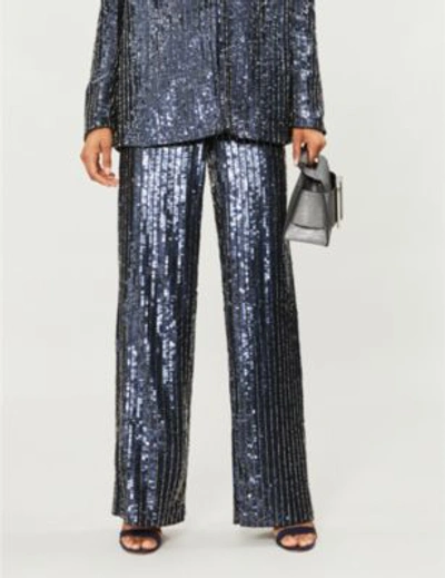 Alice And Olivia Racquel Wide-leg Sequinned And Beaded Trousers In Blk/spphre