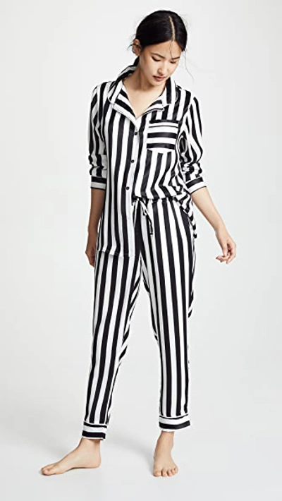 Plush Silky Striped Pj Set In Black/white