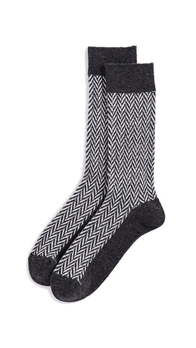 Anonymous Ism Wool Herringbone Crew Socks In Charcoal