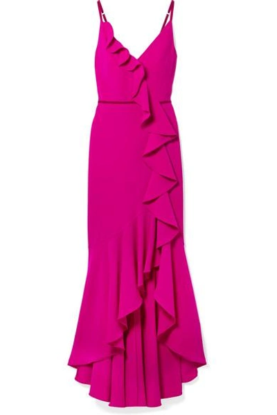 Marchesa Notte Velvet-trimmed Ruffled Crepe Gown In Fuchsia