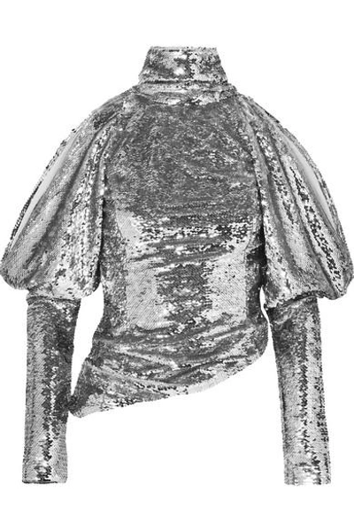 16arlington Cold-shoulder Sequined Tulle Turtleneck Top In Silver