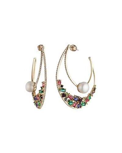 Carolee Gold-tone Multicolor Crystal & Freshwater Pearl (10mm) 2-1/4" Statement Hoop Earrings