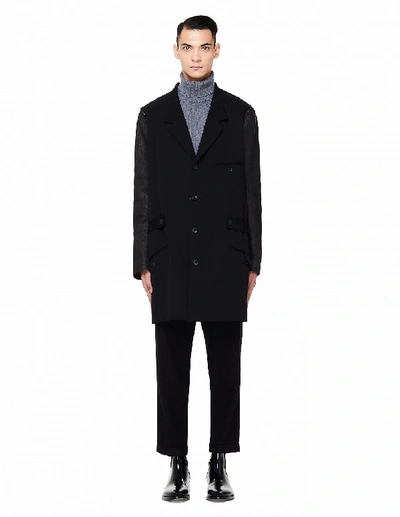 Yohji Yamamoto Black Wool Coat With Leather Sleeves