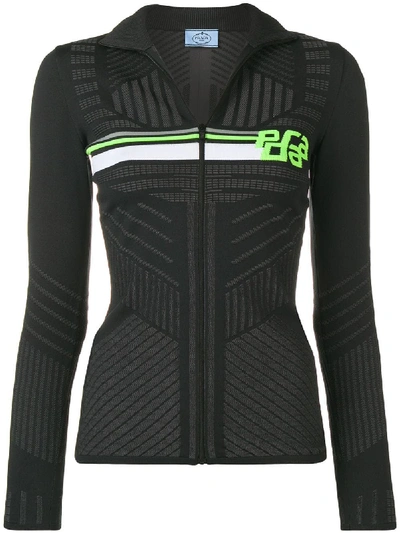 Prada Logo Intarsia Stretch Zip-up Sweater In Black/green