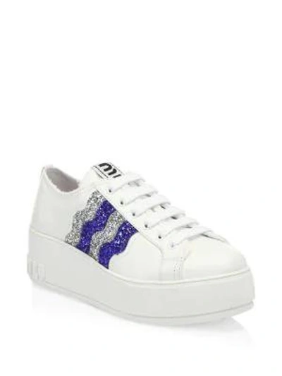 Miu Miu Women's Glitter Wave Platform Sneakers In White Blue