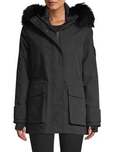 49 Winters Mid Parka Fox Fur Trim Coat In Black